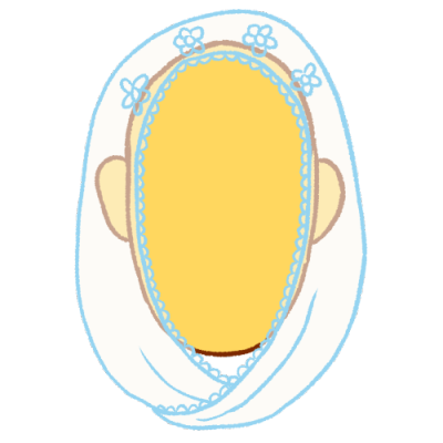 a faceless person wearing a Catholic veil. the veil is white and transparent with flower patterns and light blue lineart.